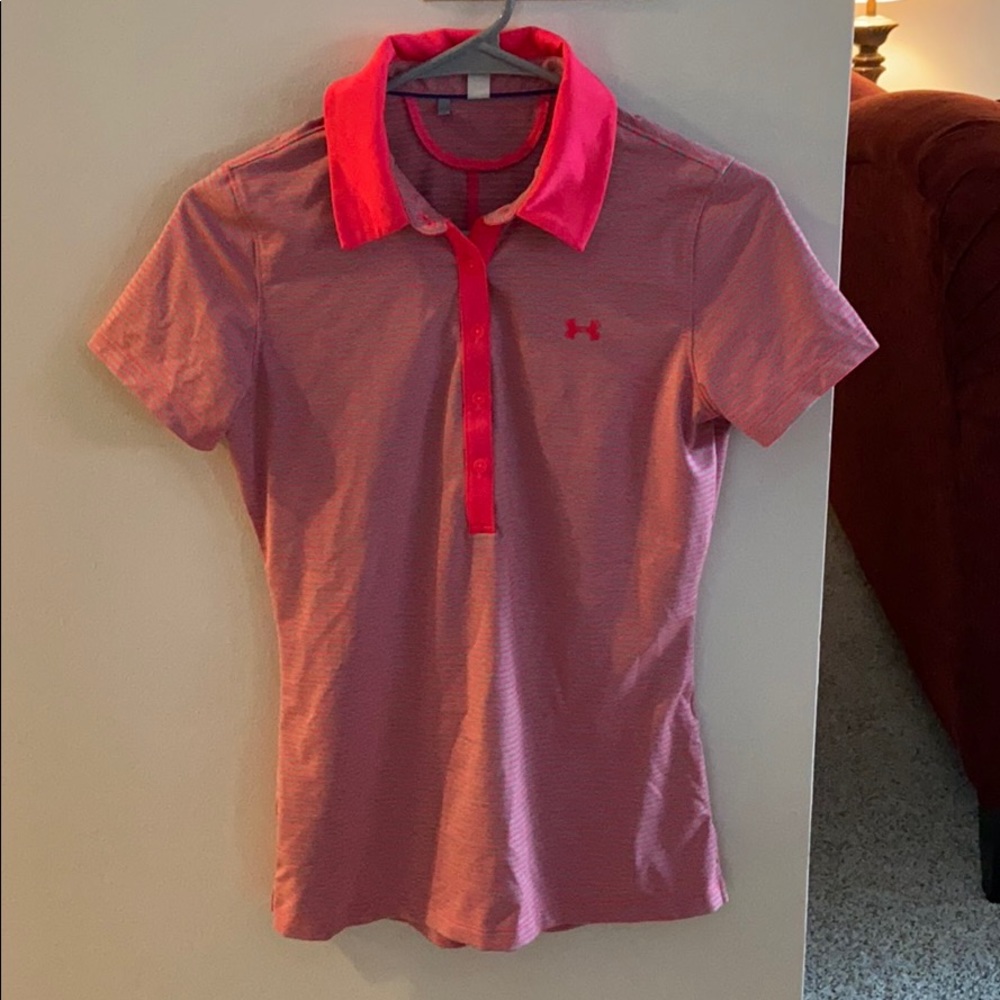 Pink and gray striped Under Armor polo